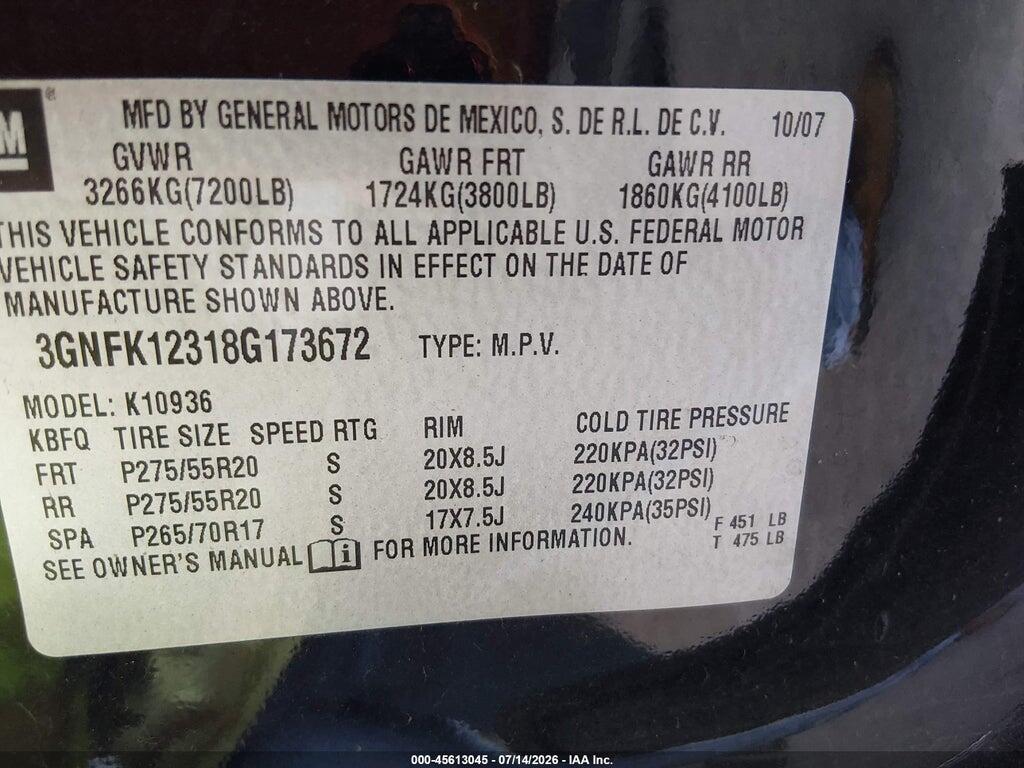 3GNFK12318G173672 2008 CHEVROLET AVALANCHE 1500 photo no. 9