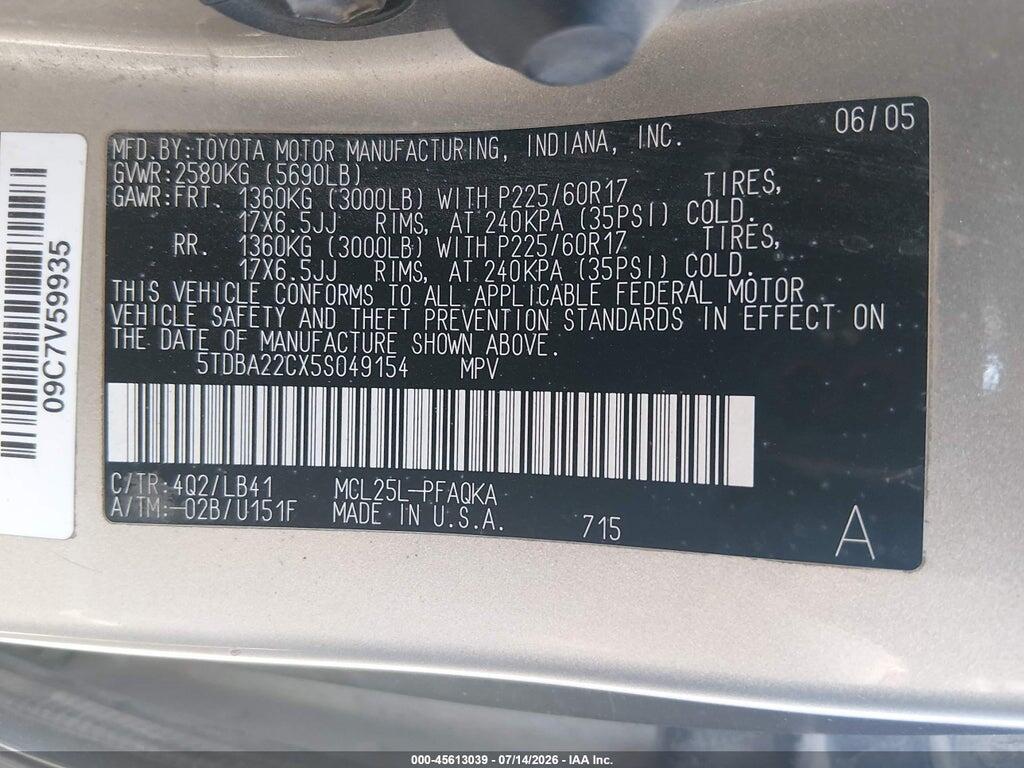 5TDBA22CX5S049154 2005 TOYOTA SIENNA photo no. 9