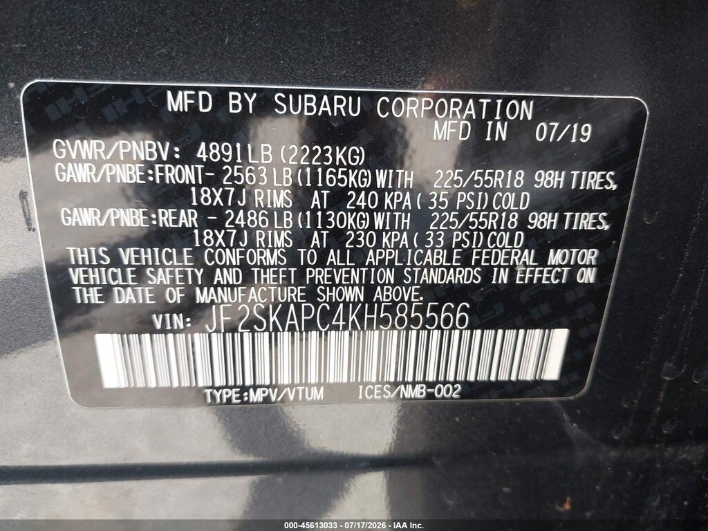 JF2SKAPC4KH585566 2019 SUBARU FORESTER photo no. 9