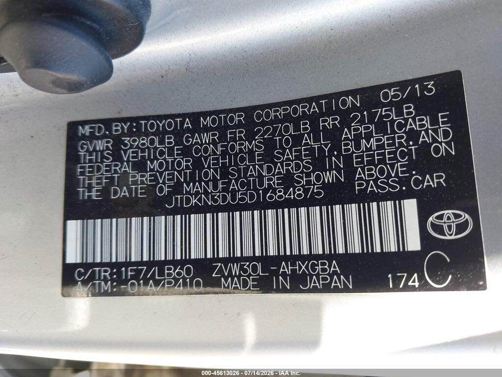 JTDKN3DU5D1684875 2013 TOYOTA PRIUS photo no. 9