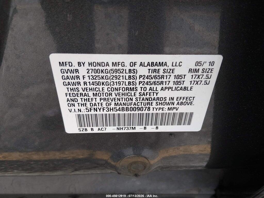 5FNYF3H54BB009078 2011 HONDA PILOT photo no. 9