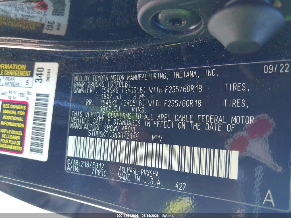5TDDSKFC0NS072149 2022 TOYOTA SIENNA photo no. 9