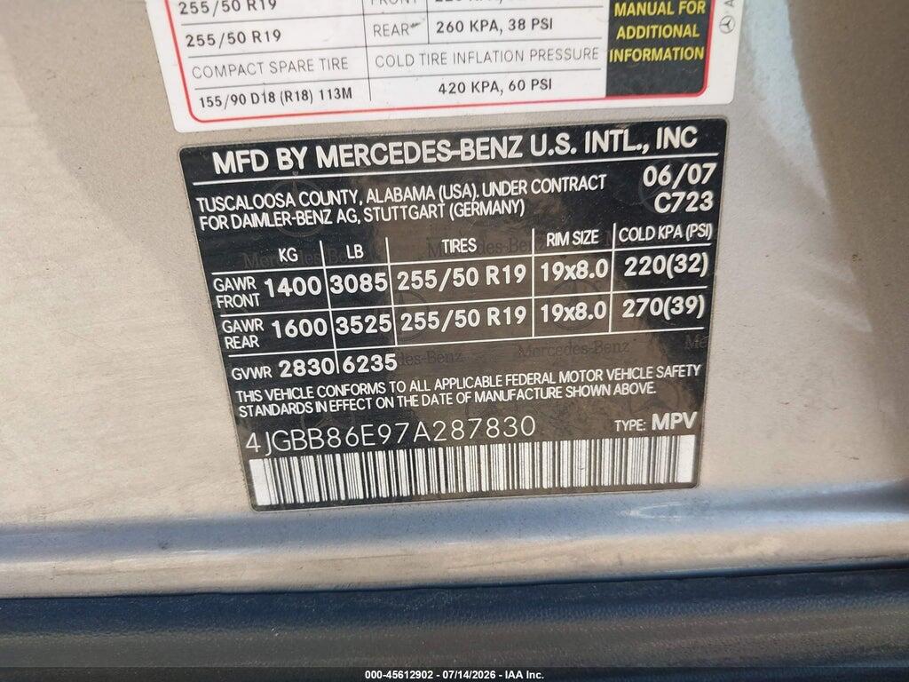 4JGBB86E97A287830 2007 MERCEDES-BENZ ML 350 photo no. 9