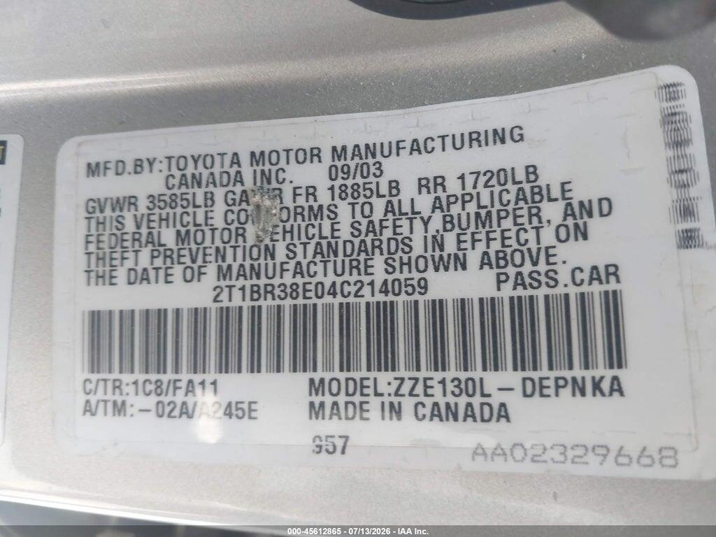 2T1BR38E04C214059 2004 TOYOTA COROLLA photo no. 9