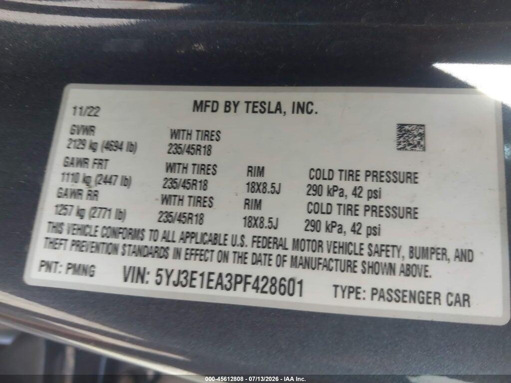 5YJ3E1EA3PF428601 2023 TESLA MODEL 3 photo no. 9