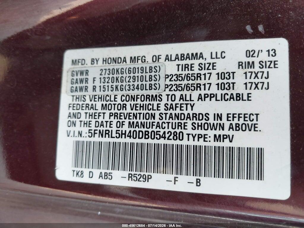 5FNRL5H40DB054280 2013 HONDA ODYSSEY photo no. 9