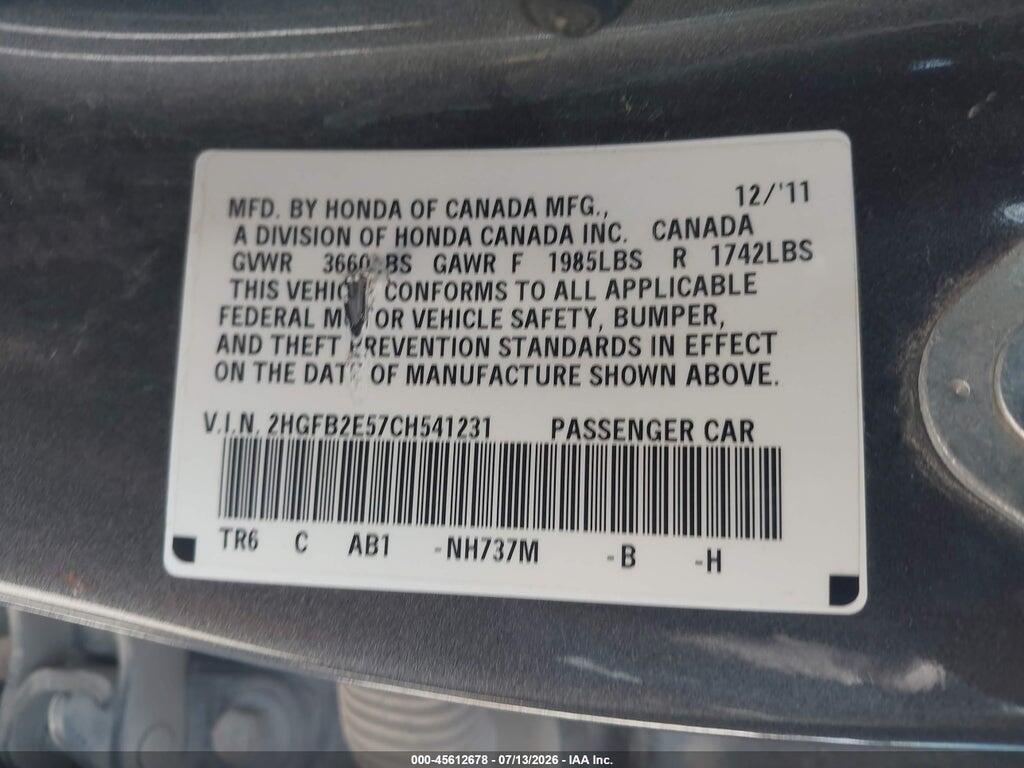 2HGFB2E57CH541231 2012 HONDA CIVIC photo no. 9