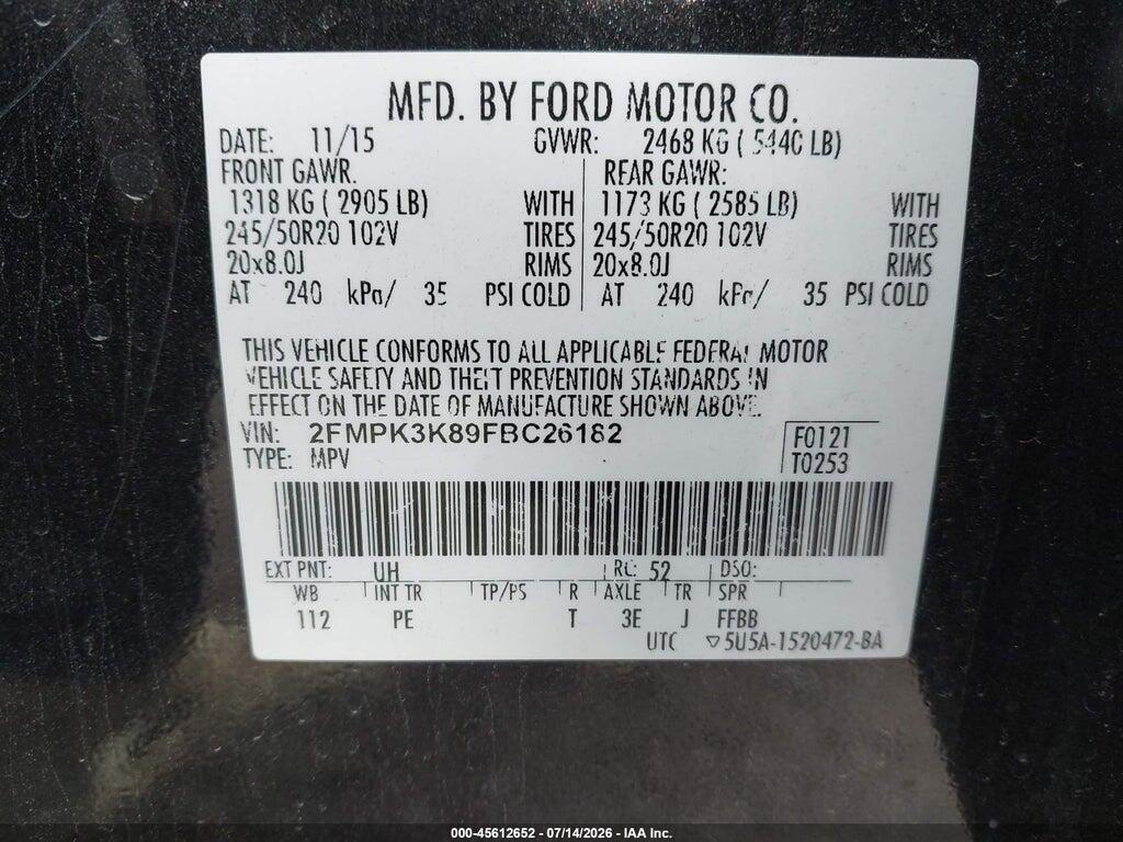 2FMPK3K89FBC26182 2015 FORD EDGE photo no. 9