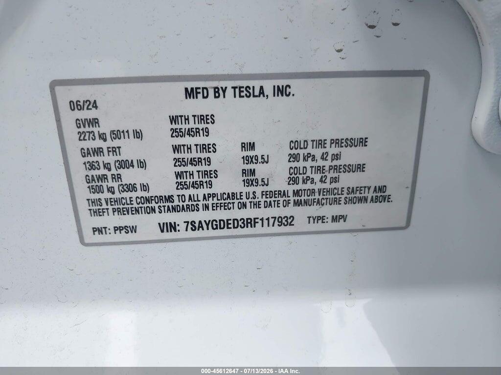 7SAYGDED3RF117932 2024 TESLA MODEL Y photo no. 9