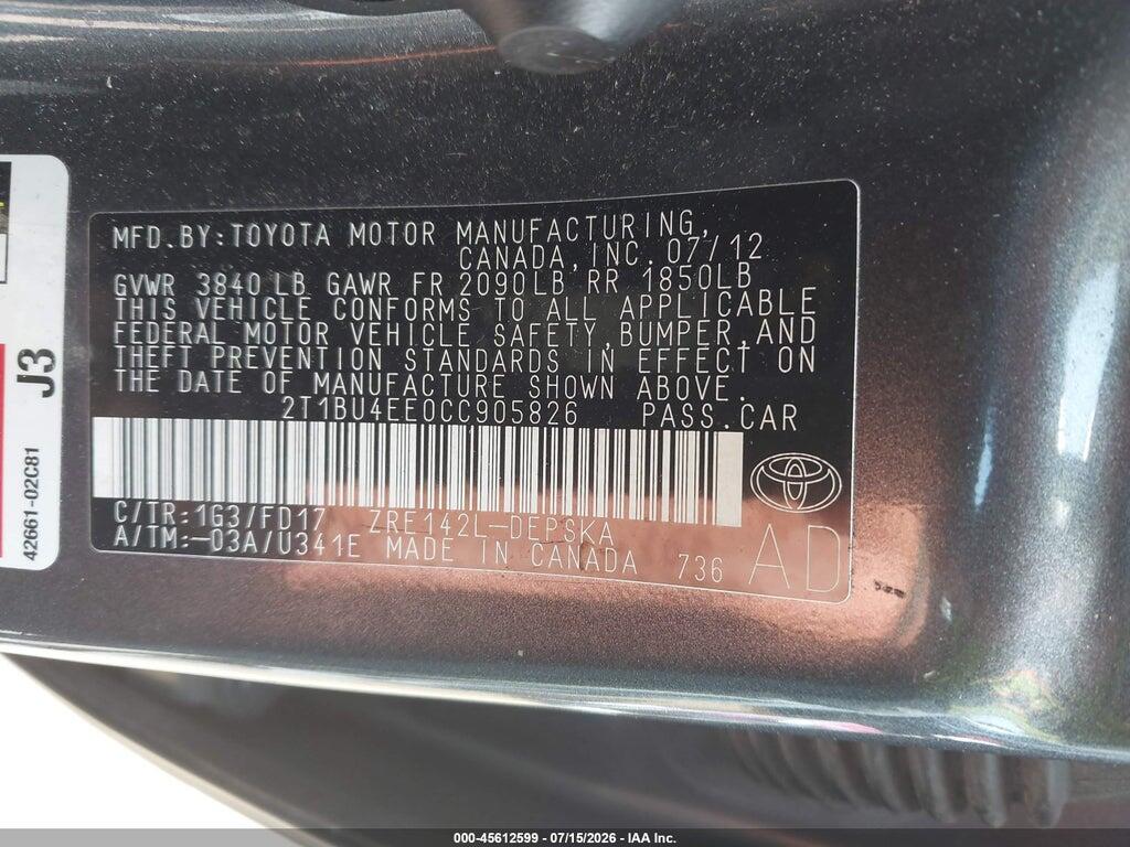 2T1BU4EE0CC905826 2012 TOYOTA COROLLA photo no. 9