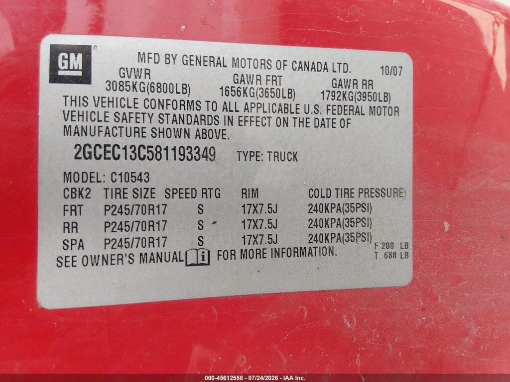 2GCEC13C581193349 2008 CHEVROLET SILVERADO 1500 photo no. 9