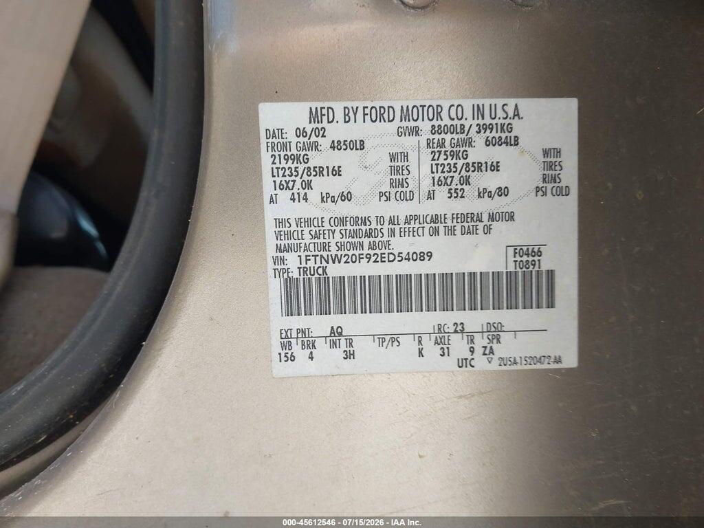 1FTNW20F92ED54089 2002 FORD F-250 photo no. 9