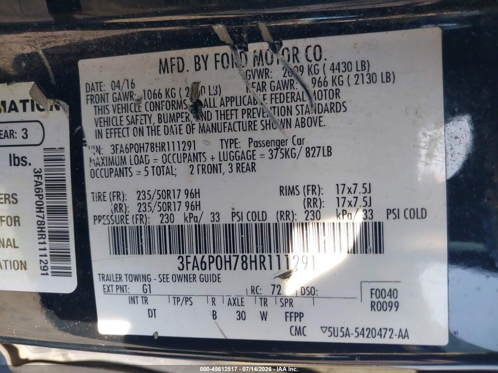 3FA6P0H78HR111291 2017 FORD FUSION photo no. 9