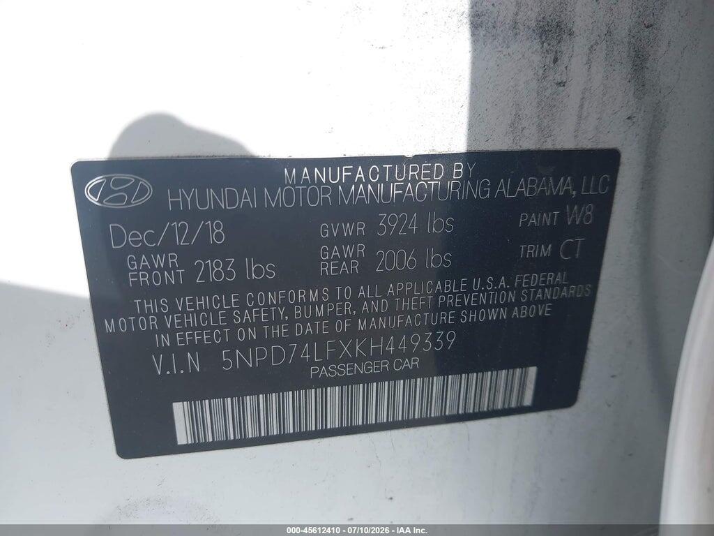 5NPD74LFXKH449339 2019 HYUNDAI ELANTRA photo no. 9
