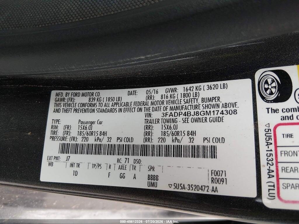 3FADP4BJ8GM174308 2016 FORD FIESTA photo no. 9