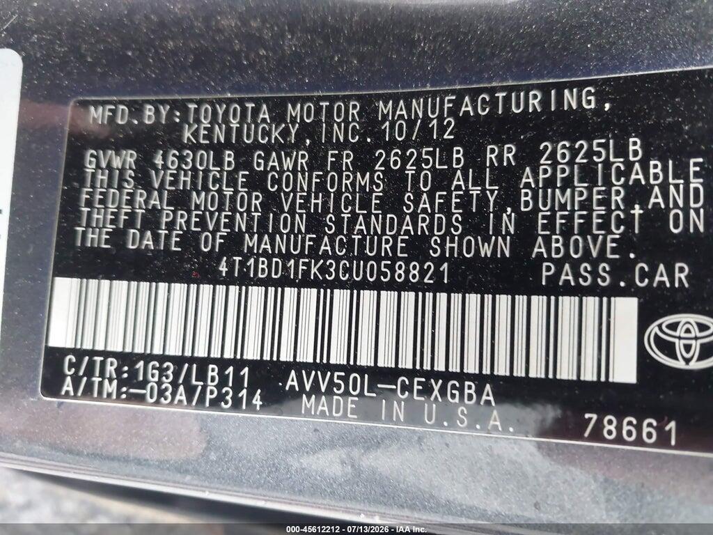 4T1BD1FK3CU058821 2012 TOYOTA CAMRY HYBRID photo no. 9