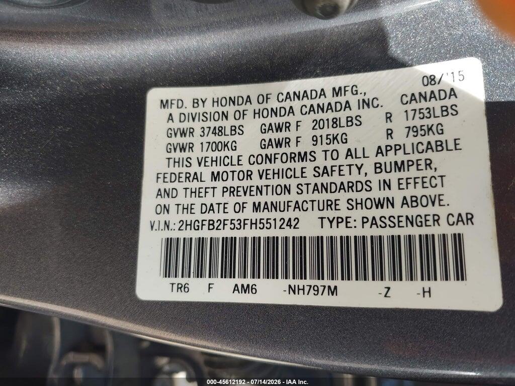 2HGFB2F53FH551242 2015 HONDA CIVIC photo no. 9
