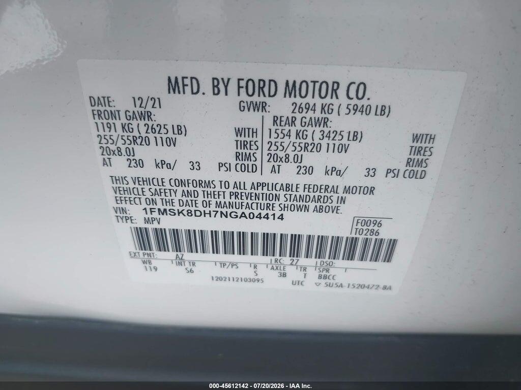 1FMSK8DH7NGA04414 2022 FORD EXPLORER photo no. 9