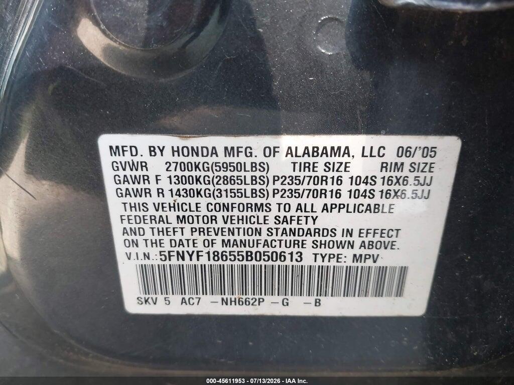 5FNYF18655B050613 2005 HONDA PILOT photo no. 9