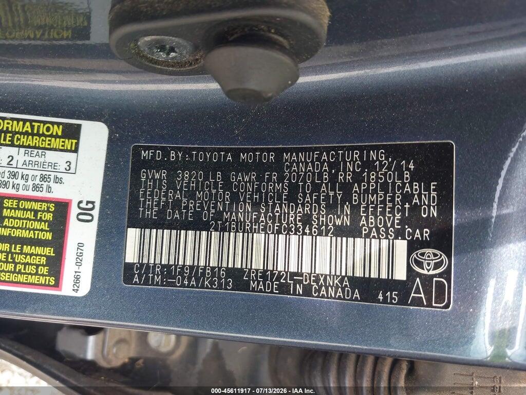 2T1BURHE0FC334612 2015 TOYOTA COROLLA photo no. 9