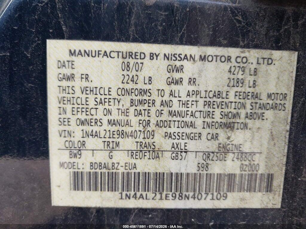 1N4AL21E98N407109 2008 NISSAN ALTIMA photo no. 9