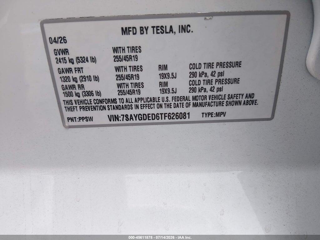 7SAYGDED1TF626280 2026 TESLA MODEL Y photo no. 9