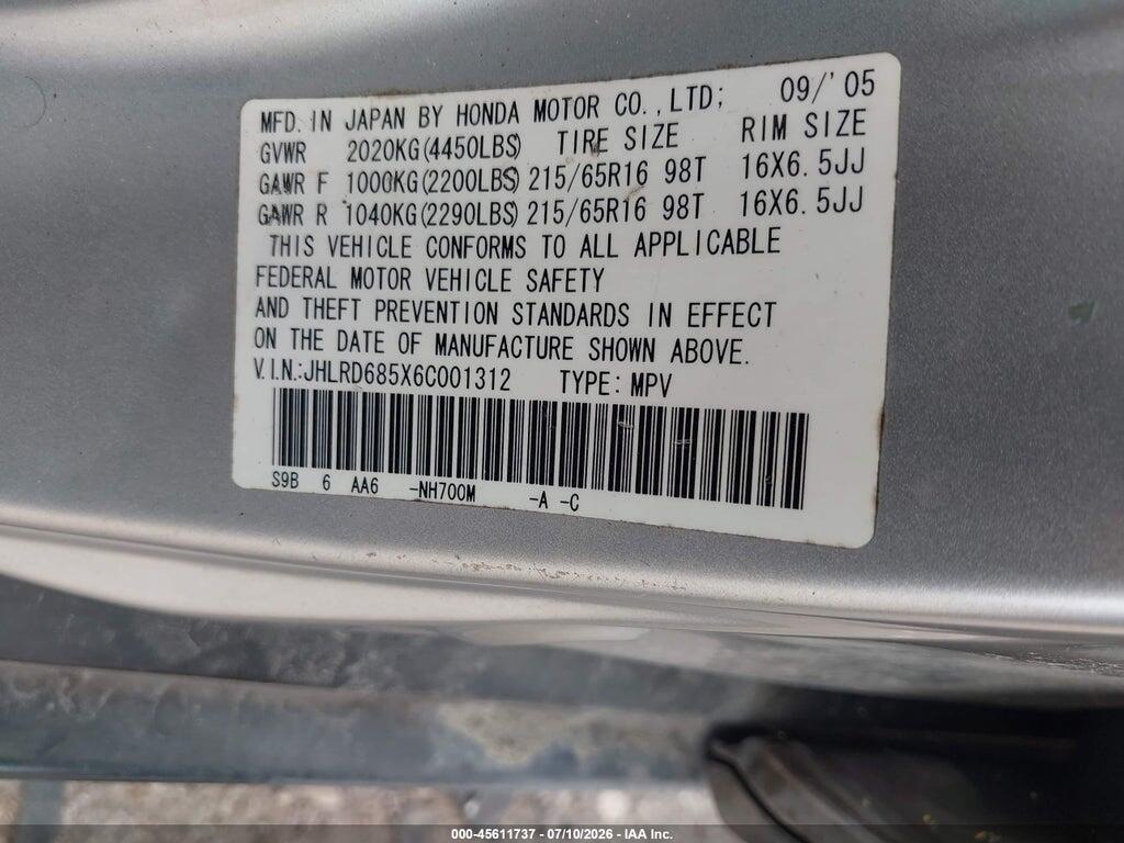 JHLRD685X6C001312 2006 HONDA CR-V photo no. 9
