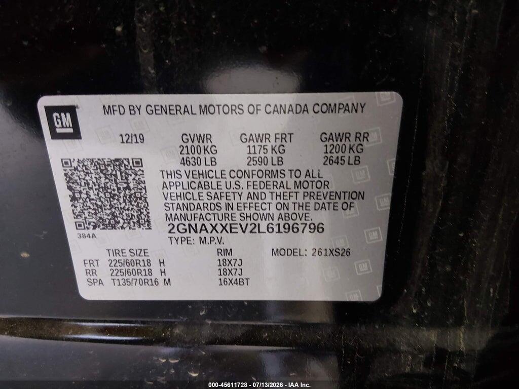 2GNAXXEV2L6196796 2020 CHEVROLET EQUINOX photo no. 9