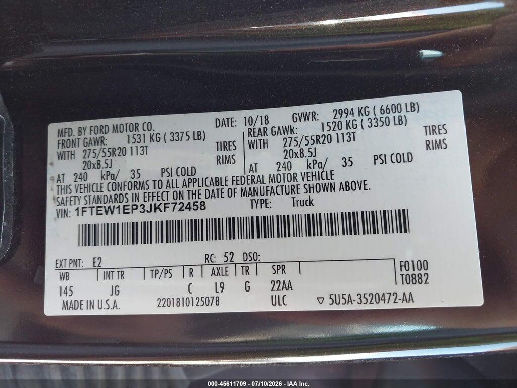 1FTEW1EP3JKF72458 2018 FORD F-150 photo no. 9