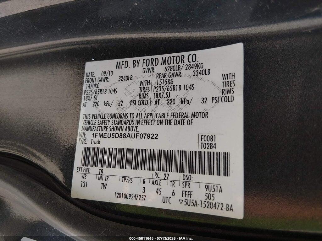 1FMEU5D88AUF07922 2010 FORD EXPLORER SPORT TRAC photo no. 9