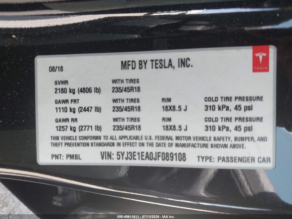 5YJ3E1EA0JF089108 2018 TESLA MODEL 3 photo no. 9