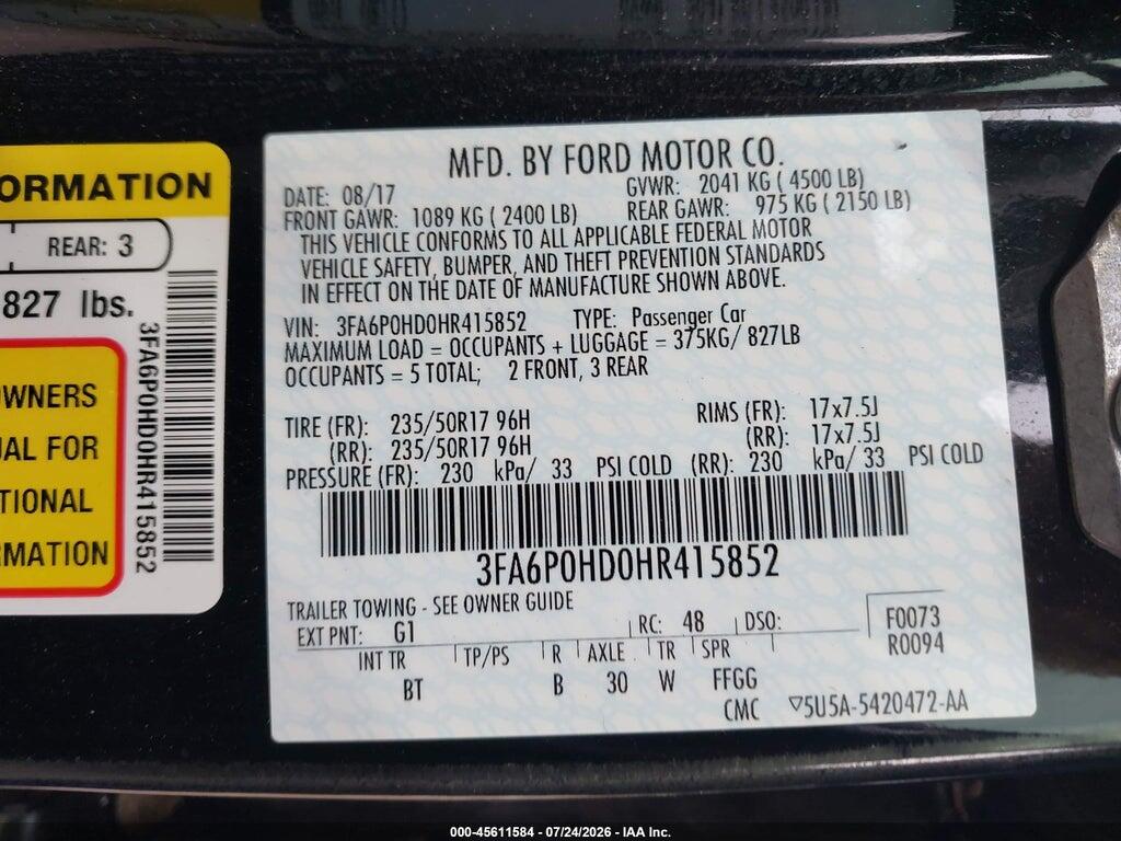 3FA6P0HD0HR415852 2017 FORD FUSION photo no. 9
