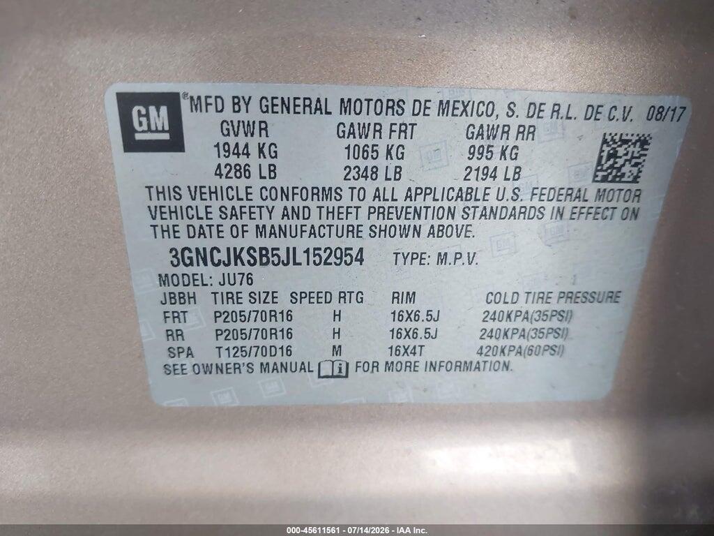 3GNCJKSB5JL152954 2018 CHEVROLET TRAX photo no. 9