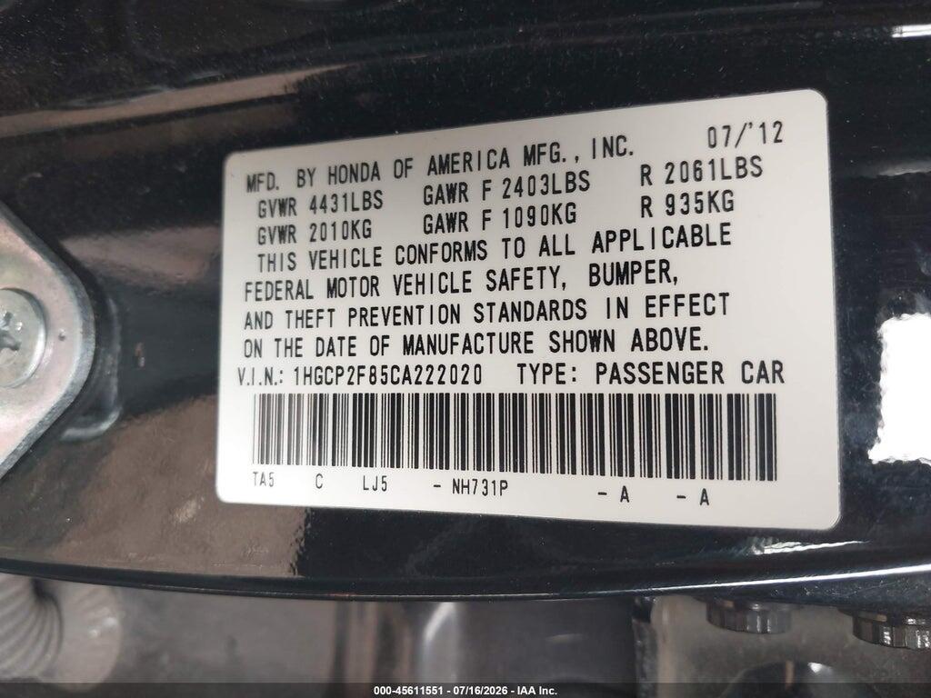 1HGCP2F85CA222020 2012 HONDA ACCORD photo no. 9