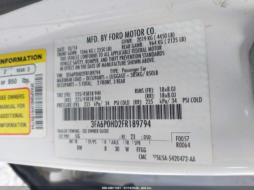 3FA6P0HD2FR189794 2015 FORD FUSION photo no. 9