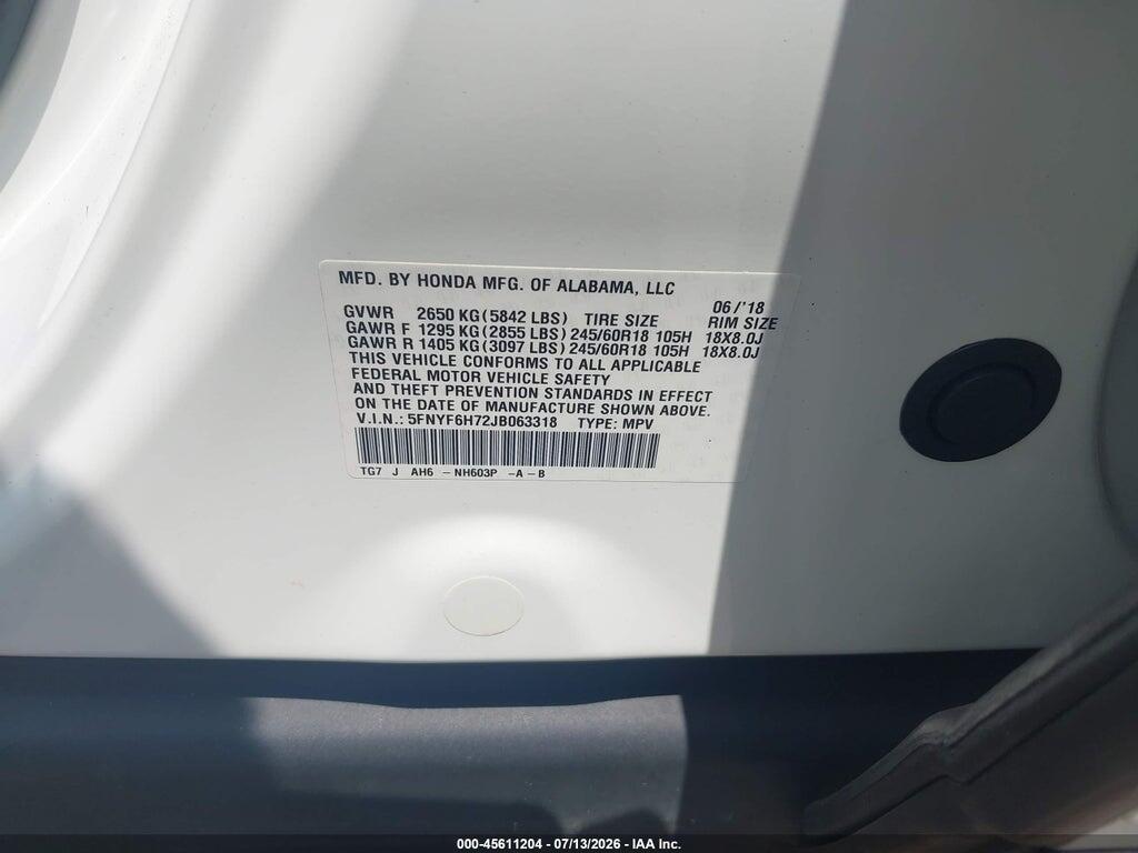 5FNYF6H72JB063318 2018 HONDA PILOT photo no. 9
