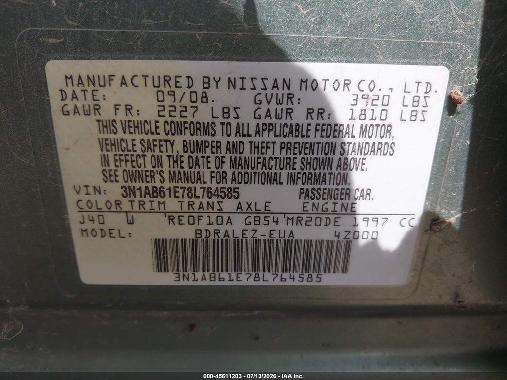 3N1AB61E78L764585 2008 NISSAN SENTRA photo no. 9