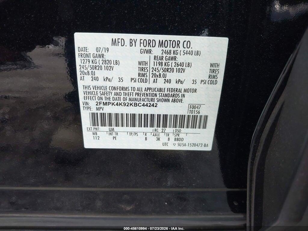 2FMPK4K92KBC44242 2019 FORD EDGE photo no. 9