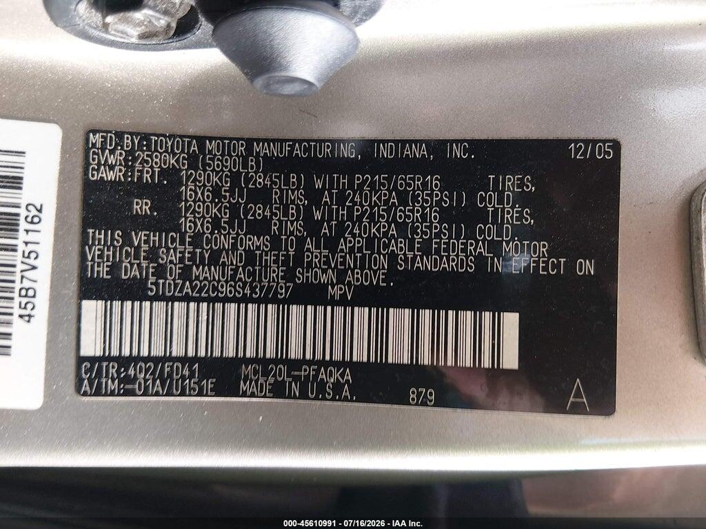 5TDZA22C96S437797 2006 TOYOTA SIENNA photo no. 9