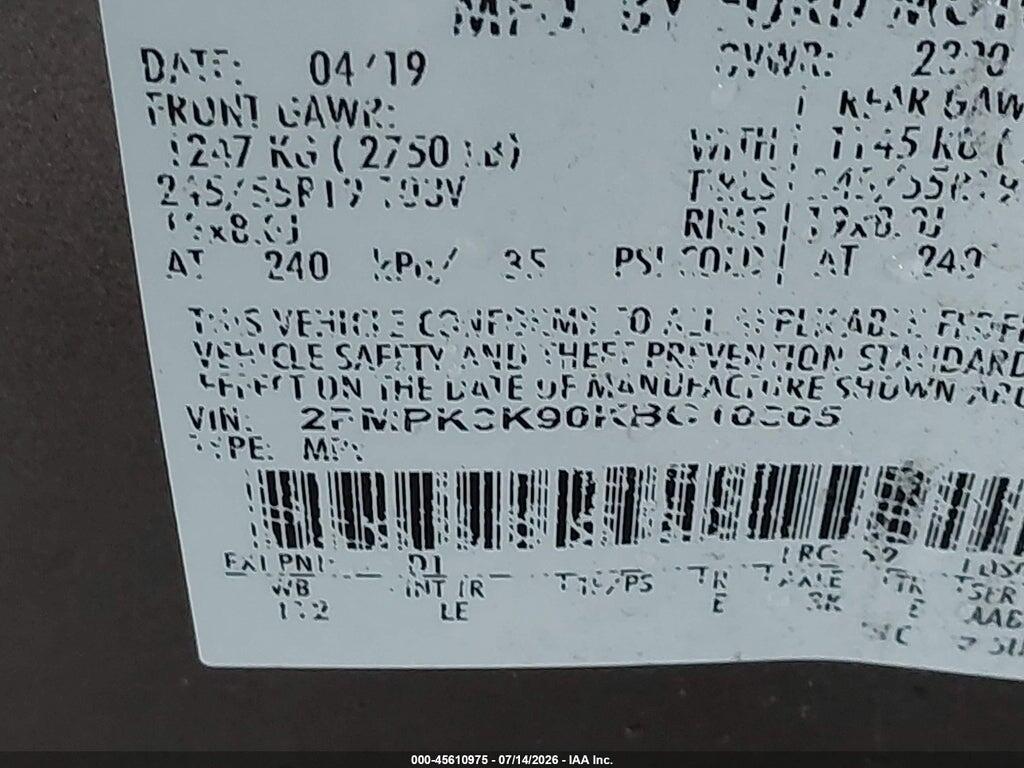 2FMPK3K90KBC10505 2019 FORD EDGE photo no. 9