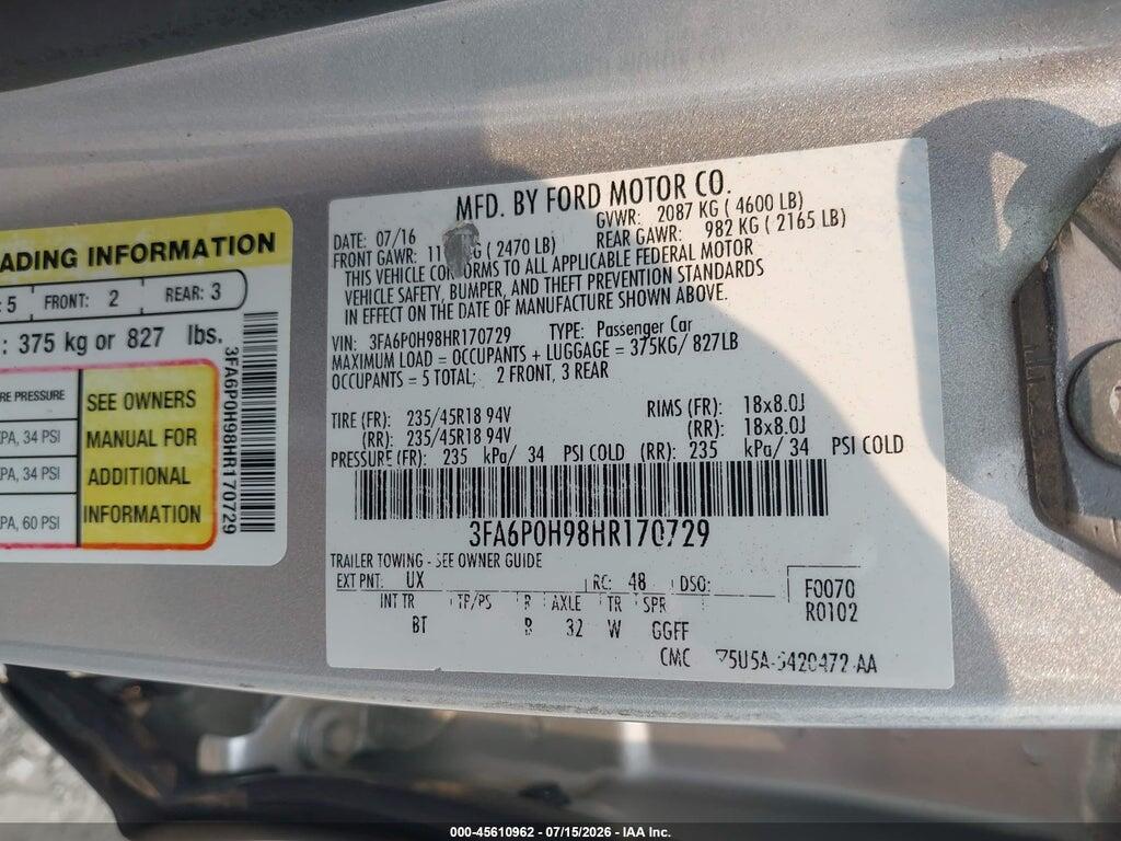 3FA6P0H98HR170729 2017 FORD FUSION photo no. 9