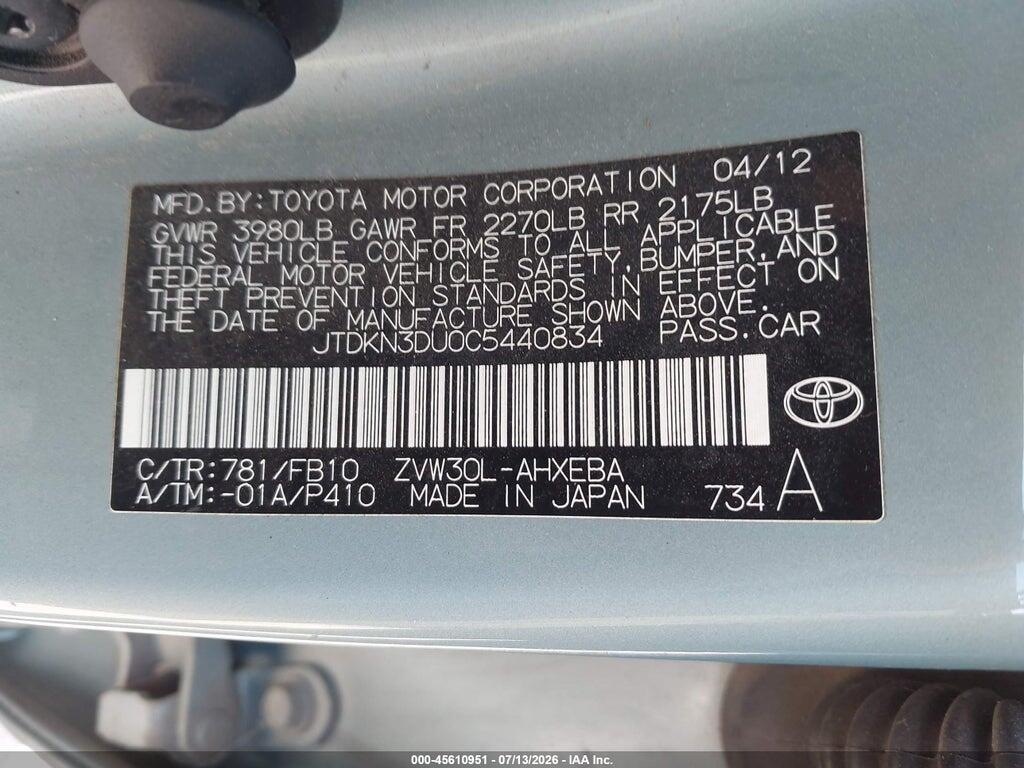 JTDKN3DU0C5440834 2012 TOYOTA PRIUS photo no. 9