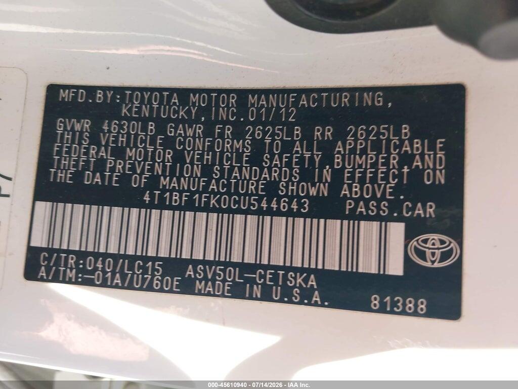 4T1BF1FK0CU544643 2012 TOYOTA CAMRY photo no. 9