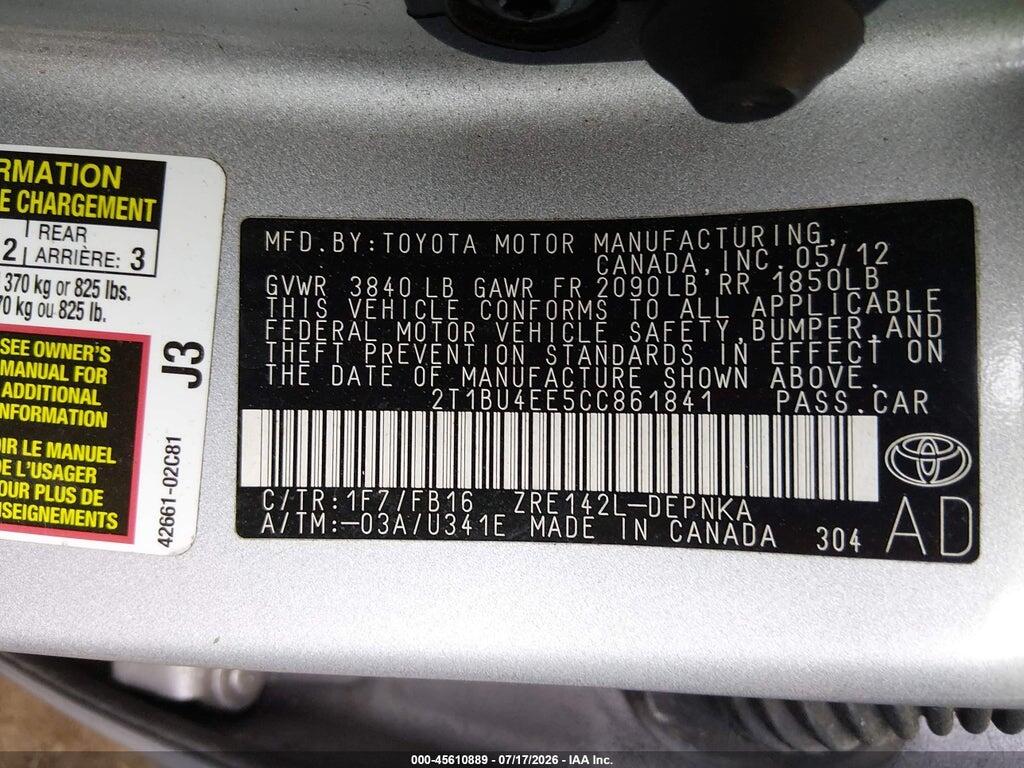 2T1BU4EE5CC861841 2012 TOYOTA COROLLA photo no. 9