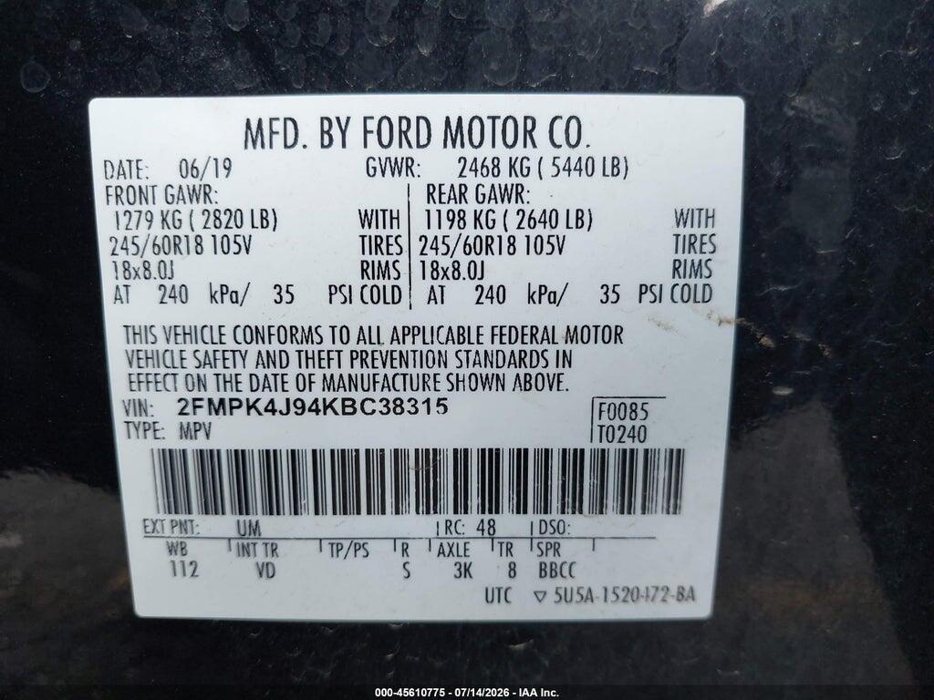 2FMPK4J94KBC38315 2019 FORD EDGE photo no. 9