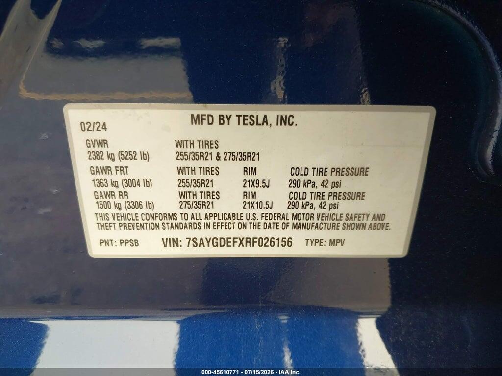 7SAYGDEFXRF026156 2024 TESLA MODEL Y photo no. 9