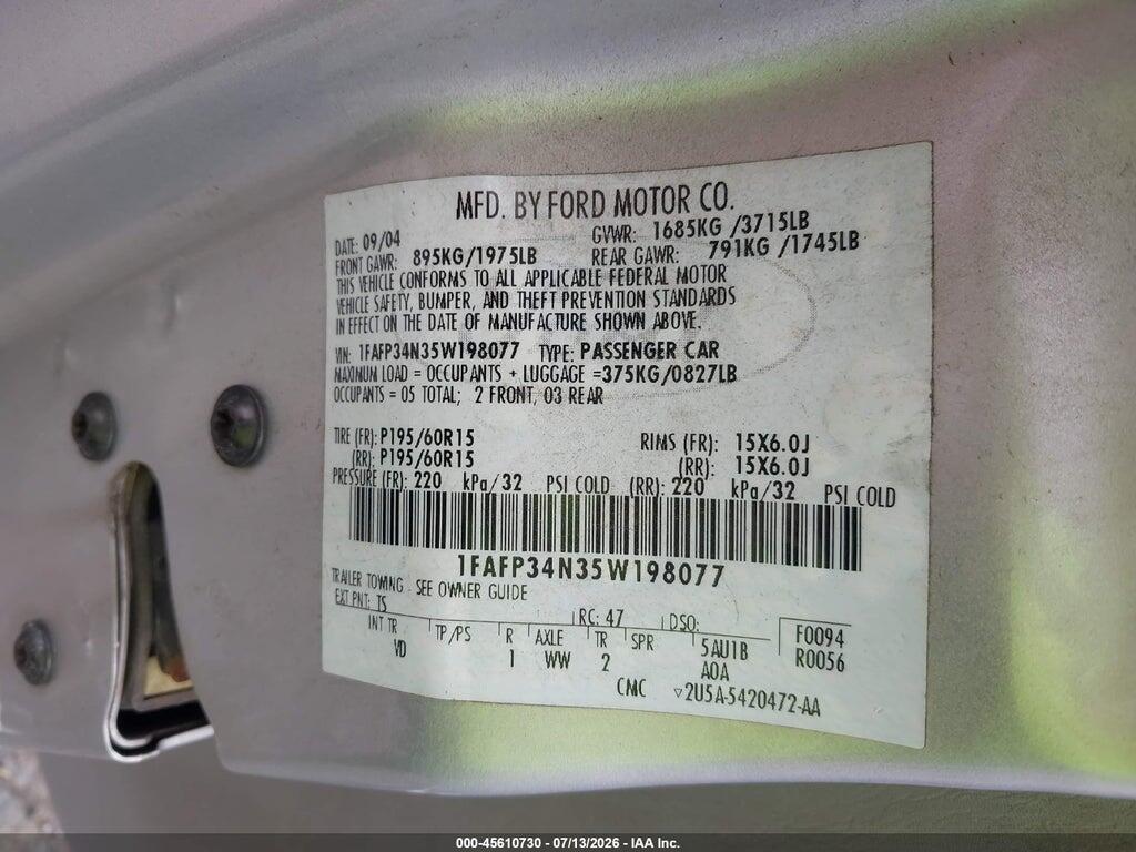 1FAFP34N35W198077 2005 FORD FOCUS photo no. 9