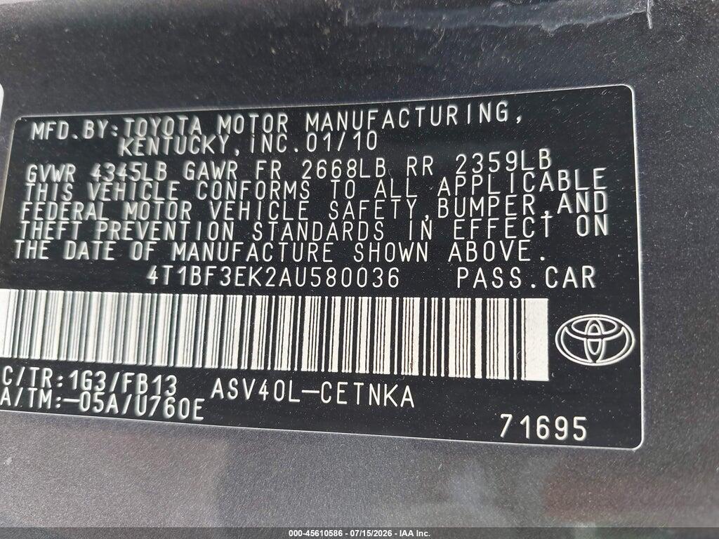 4T1BF3EK2AU580036 2010 TOYOTA CAMRY photo no. 9