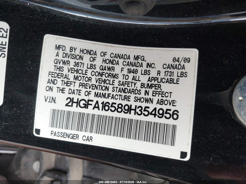 2HGFA16589H354956 2009 HONDA CIVIC photo no. 9