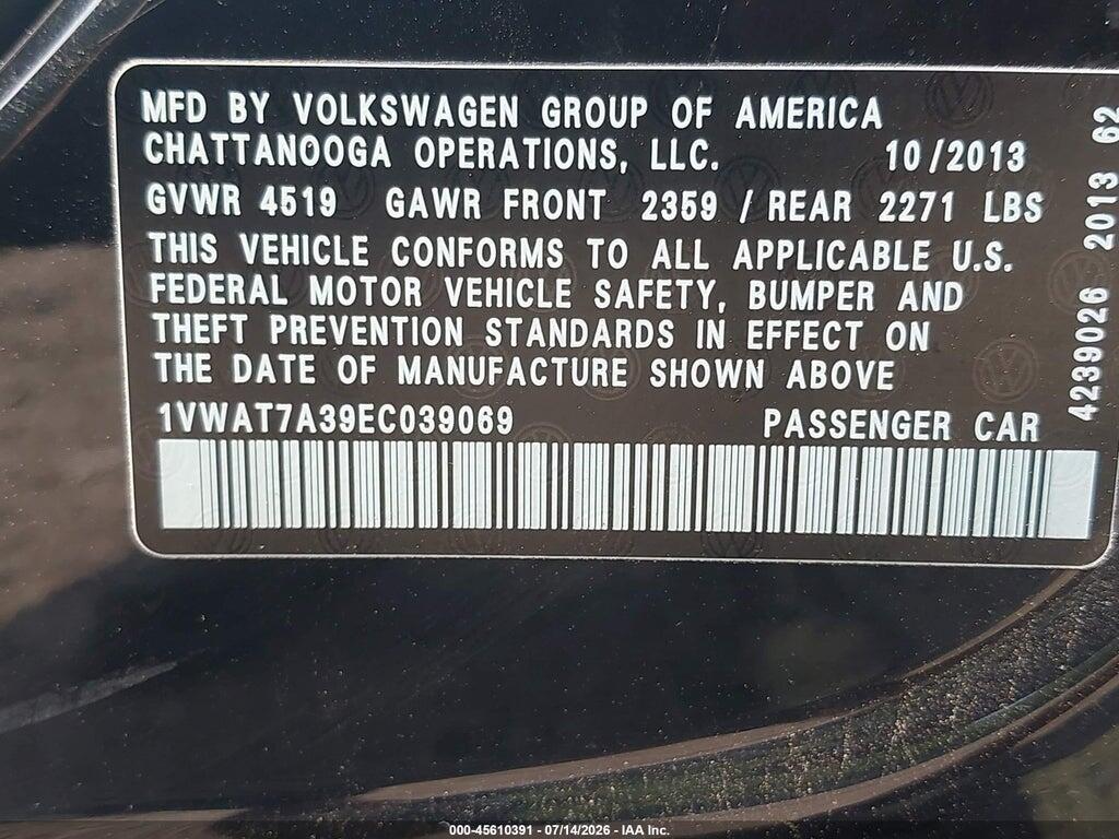 1VWAT7A39EC039069 2014 VOLKSWAGEN PASSAT photo no. 9